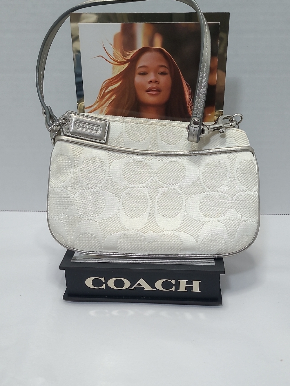 Coach Kyra White Jacquard Wristlet with Silver Trim